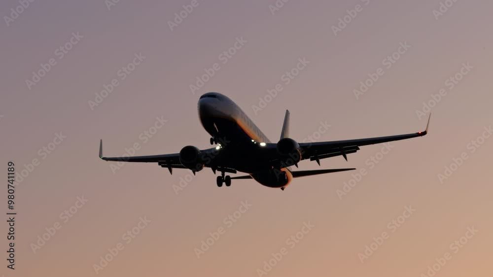 Large airliner with passengers on blue sky is landing on landing strip at airport of bright sunset on sunny summer day Go Everywhere. Airplane flies in sky at sunset Large airliner with passengers on blue sky is landing on landing strip at airport of bright sunset on sunny summer day Go Everywhere. Airplane flies in sky at sunset