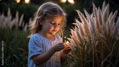 Whimsical Beauty: Girl with Pampas Grass and Twinkling Fairy Lights photo