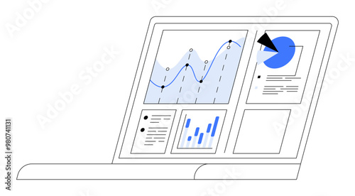 Open laptop with various data visualizations such as line graphs, bar charts, and pie charts on the screen. Ideal for business analytics, data science, market research, reporting, and financial planni