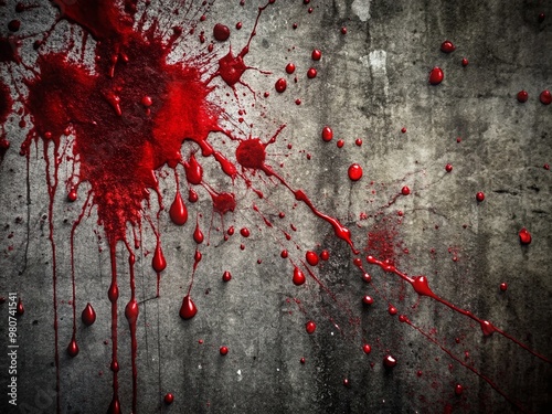 A dark and ominous close-up of a blood-splattered surface, with crimson droplets and streaks scattered across a worn, photo