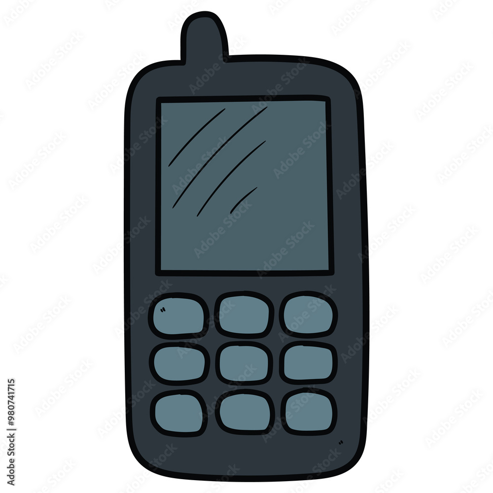 Hand drawn cartoon old mobile phone with antenna on white background. Hand drawn cartoon old mobile phone with antenna on white background.