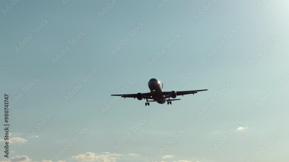 Large airliner with passengers on blue sky is landing on landing strip at airport of bright sunset on sunny summer day Go Everywhere. Airplane flies in sky at sunset