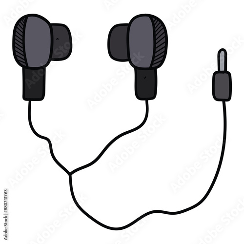 Hand drawn cartoon wired earphones on white background.
