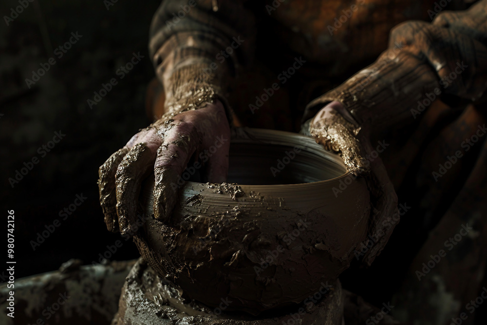 Generative AI photo craftsman shaping clay pot on spinning wheel in pottery studio surrounded by ceramic pieces Generative AI photo craftsman shaping clay pot on spinning wheel in pottery studio surrounded by ceramic pieces