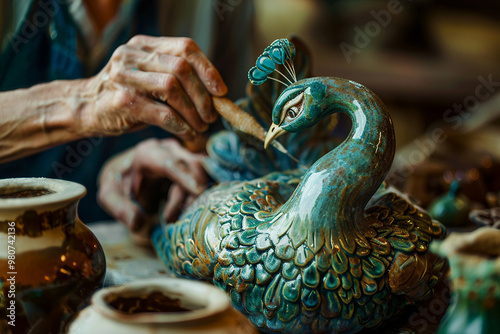 Generative AI photo craftsman shaping clay pot on spinning wheel in pottery studio surrounded by ceramic pieces