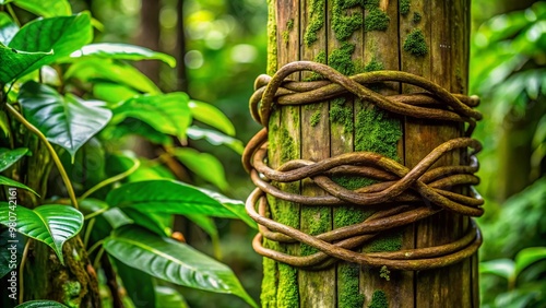 A delicate, curly, and intricately patterned type of tropical vine, known as Bejuco, wraps around a rustic wooden photo