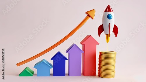 A colorful rocket launching above a growth chart , financial success