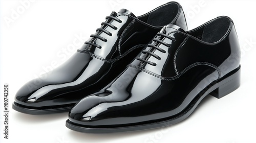 Pair of black patent leather dress shoes. photo