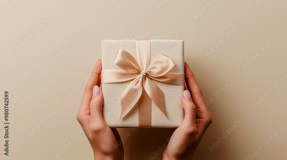 Hands holding an elegant beige gift box tied with satin ribbon bow, symbolizing celebration, with minimalist aesthetic Hands holding an elegant beige gift box tied with satin ribbon bow, symbolizing celebration, with minimalist aesthetic