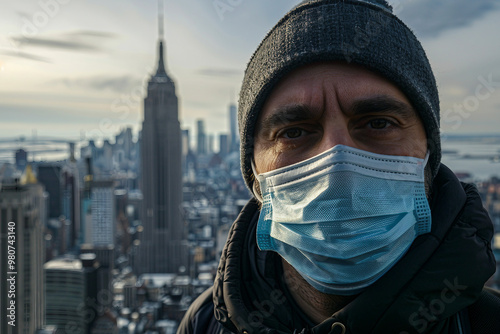 Covid global sefety campaign, Generative AI photo of people in protective facial mask quarantine pandemia photo