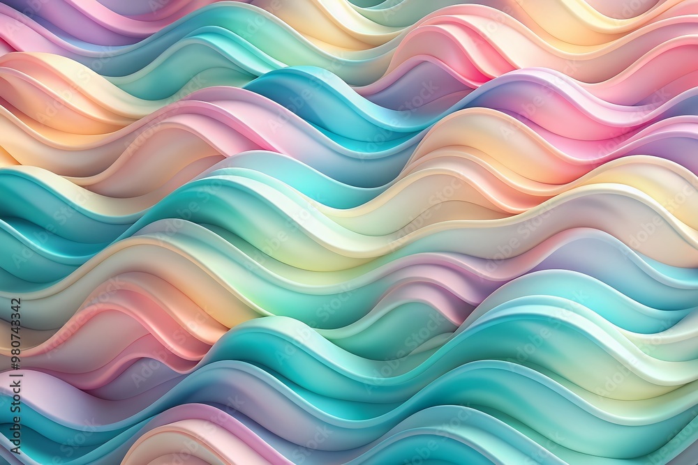 Fototapeta premium Soft pastel hues blend in a mesmerizing 3D wave pattern, creating a calming and serene abstract background ideal for banners, posters, and digital designs.