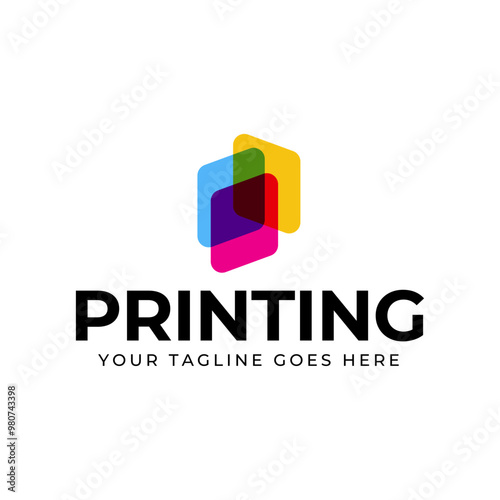 Printing company logo design with color paper symbol on cyan, magenta, yellow, and color.