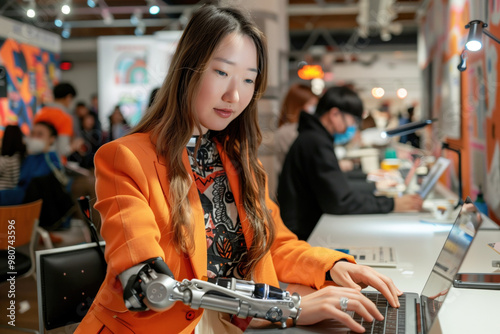 Young woman with a prosthetic arm working on a laptop in a modern, collaborative workspace