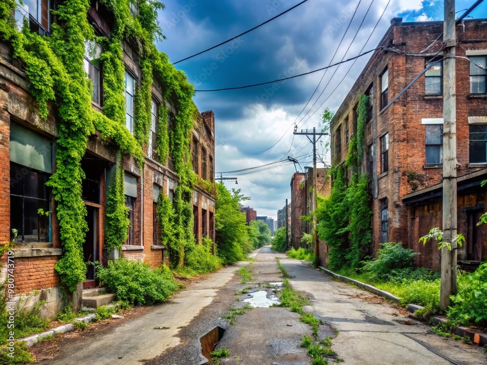 A desolate, crumbling street in Youngstown, Ohio, lined with vacant buildings, overgrown with vines, and scattered with A desolate, crumbling street in Youngstown, Ohio, lined with vacant buildings, overgrown with vines, and scattered with