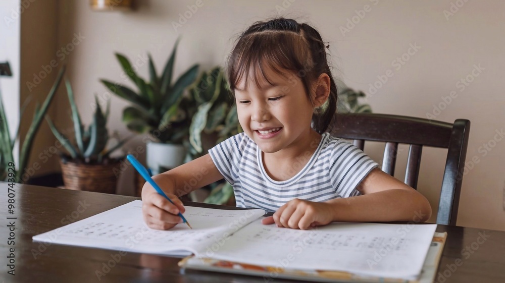 Portrait of a young Asian Japanese girl kid sitting at the dining table doing homework, math problems with a smile Portrait of a young Asian Japanese girl kid sitting at the dining table doing homework, math problems with a smile