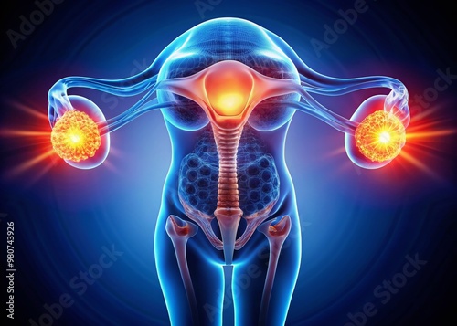 A detailed 3D medical illustration of the female reproductive system showing inflamed ovaries, highlighting the painful photo