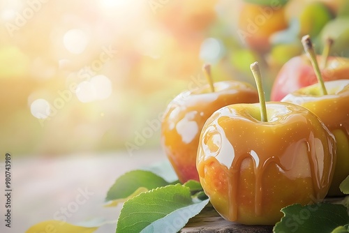 Caramel Coated Granny Smith Apples in Nostalgic Countryside Orchard