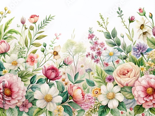 Delicate watercolor floral border design featuring whimsical blooming flowers, lush greenery, and intricate patterns, created using generative AI illustration techniques.
