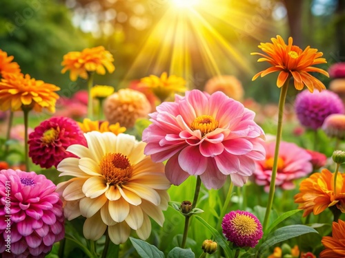 Vibrant blooming flowers in shades of pink, yellow, and orange dominate a sunny spring summer background with lush greenery and subtle warm lighting.