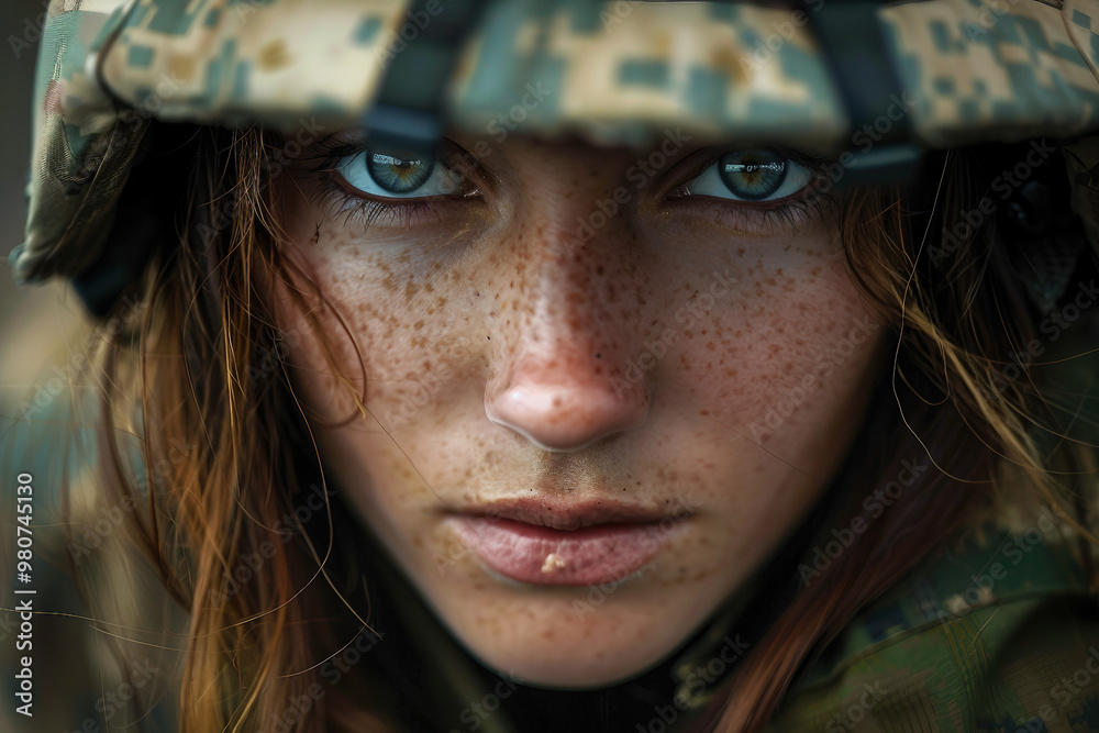Generated with AI photo of brave beautiful woman soldier fighting war Generated with AI photo of brave beautiful woman soldier fighting war