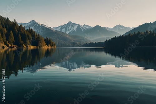 body of water, calm body of water surrounded with trees and mountains, reflections in the lake, HD wallpaper, Generative AI