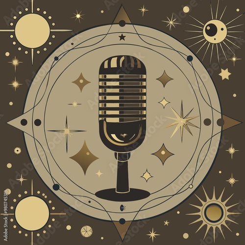 Vintage microphone with a cosmic theme and artistic vibe on a brown background
