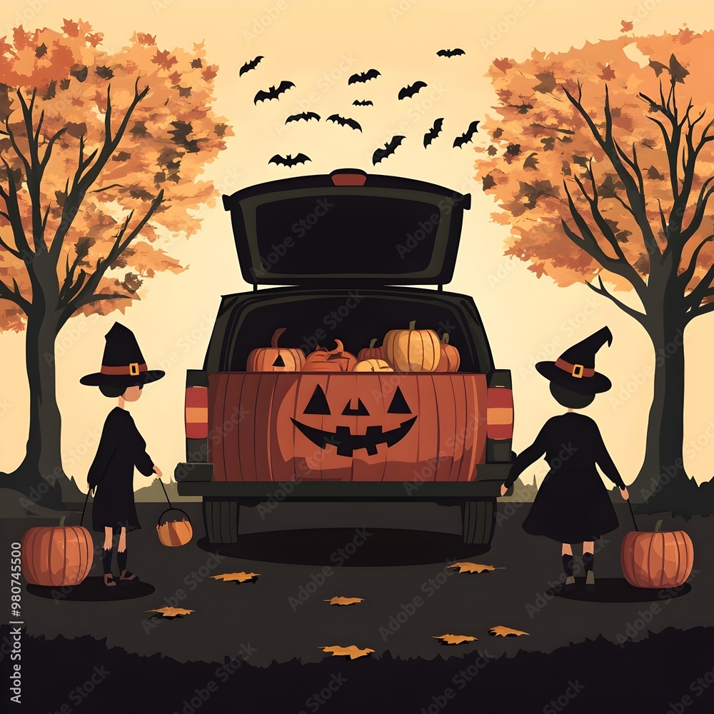 Trick or Treat Fun at Trunk or Treat Event with Festive Shapes and Patterns