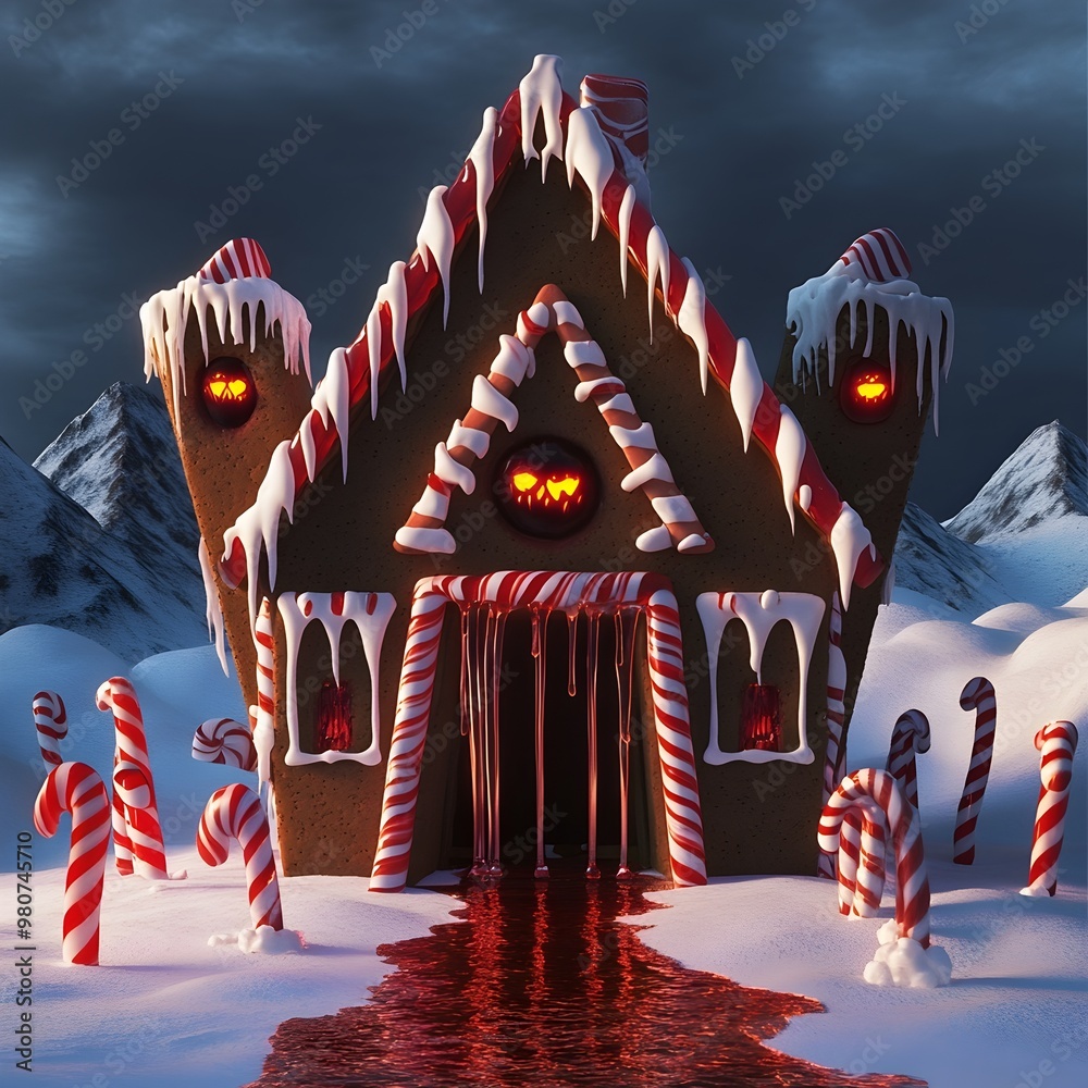 Haunting Gingerbread House with Ominous Angular Geometry and Malevolent Glowing Eyes