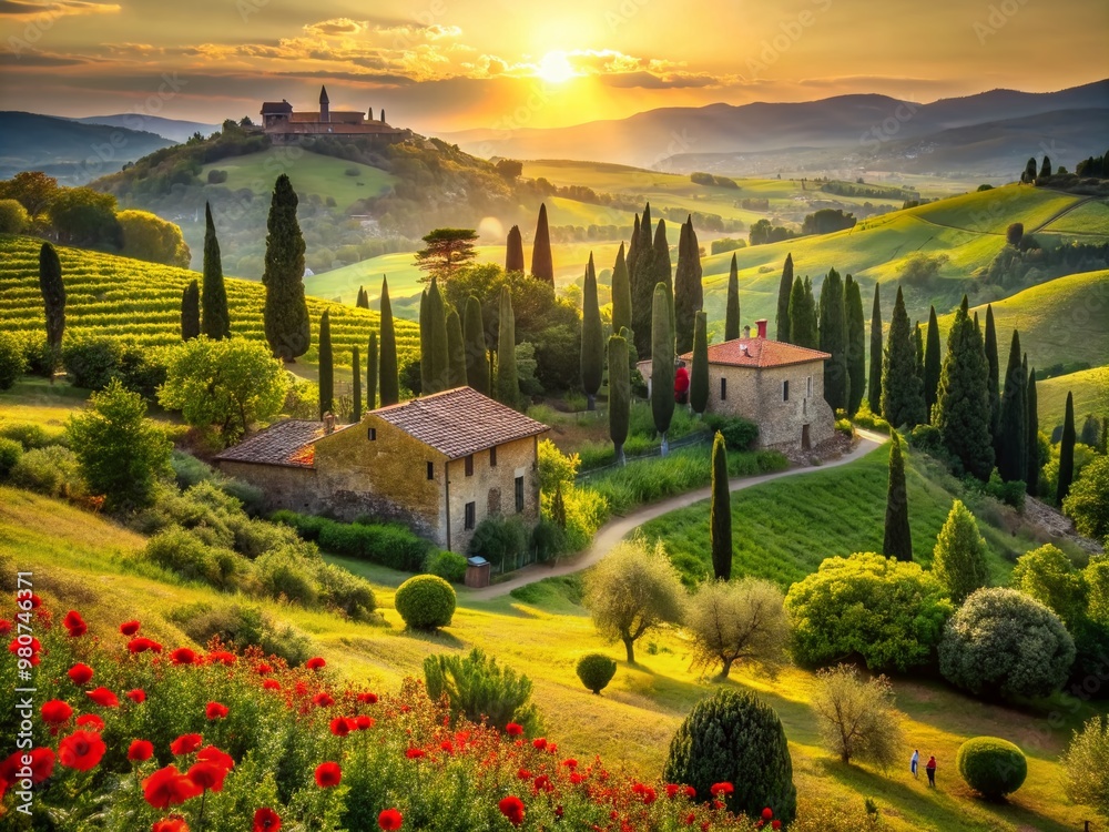 Serene panoramic landscape of lush green valley with rustic brick houses, rolling vineyards, olive groves, vibrant poppies, and towering cypress trees in warm golden light. Serene panoramic landscape of lush green valley with rustic brick houses, rolling vineyards, olive groves, vibrant poppies, and towering cypress trees in warm golden light.