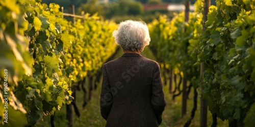 A woman in a vineyard, her back turned, surrounded by