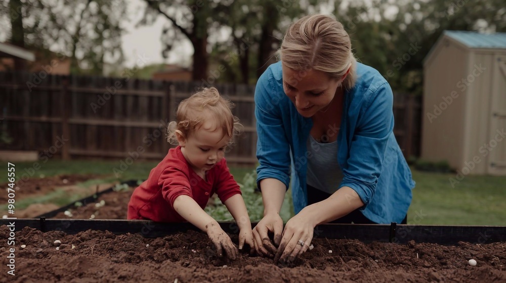 Mother and her child planting seeds together in their backyard garden, hands dirty with soil, excited to watch the flowers grow , woman and kid Spring Garden Planting concept image Mother and her child planting seeds together in their backyard garden, hands dirty with soil, excited to watch the flowers grow , woman and kid Spring Garden Planting concept image