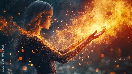 A young woman with long blonde hair holds out her hands, surrounded by a burst of magical fire.