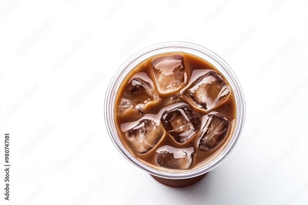 Takeaway plastic cup with iced cold coffee drink isolated on white background, Top view , ai Takeaway plastic cup with iced cold coffee drink isolated on white background, Top view , ai