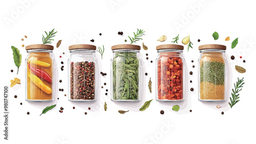 Herbs and spices in glass jars isolated on white background. Vector illustration.