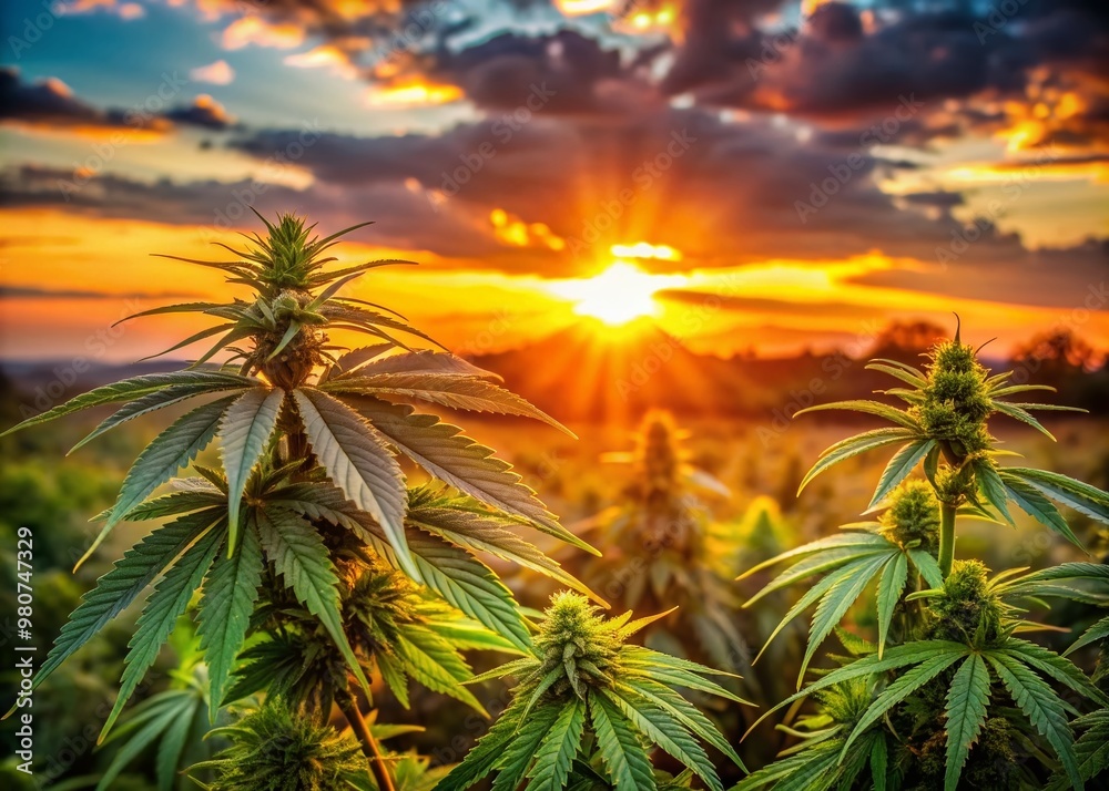 Vibrant orange sunset casts a warm glow on lush green cannabis plants swaying gently in the breeze, with hemp leaves and buds in sharp focus.