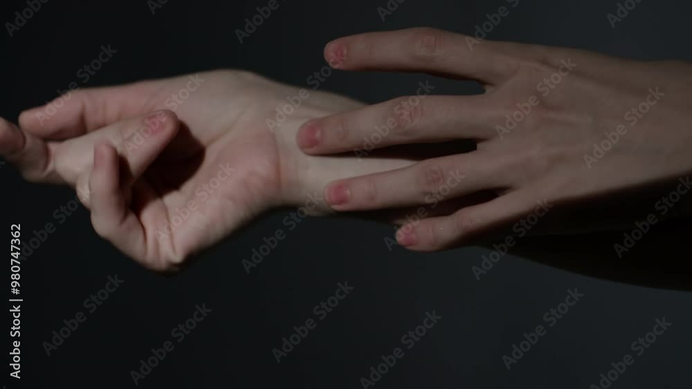 Close-up shot of graceful female hands moving smoothly illuminated by light in darkness Close-up shot of graceful female hands moving smoothly illuminated by light in darkness