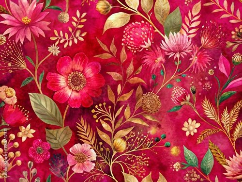 Vibrant pink and red bohemian chic background features botanical floral motifs, abstract textured details, and gold foil accents in a trendy, whimsical illustration.