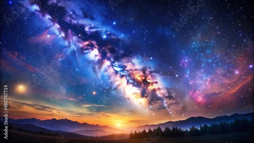 Breathtaking night sky with twinkling stars, nebula, and galaxy, set against a vibrant blue and purple gradient landscape of cosmos, stardust, and milky way.