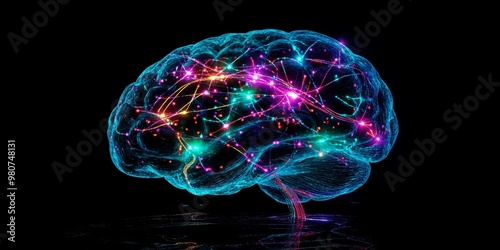 Neon brain with colorful glowing connections.