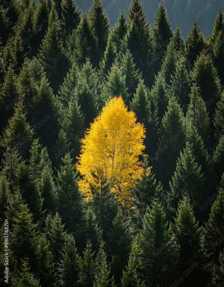 vibrant yellow tree stands out amidst a forest of dark green trees, vibrant yellow tree stands out amidst a forest of dark green trees,