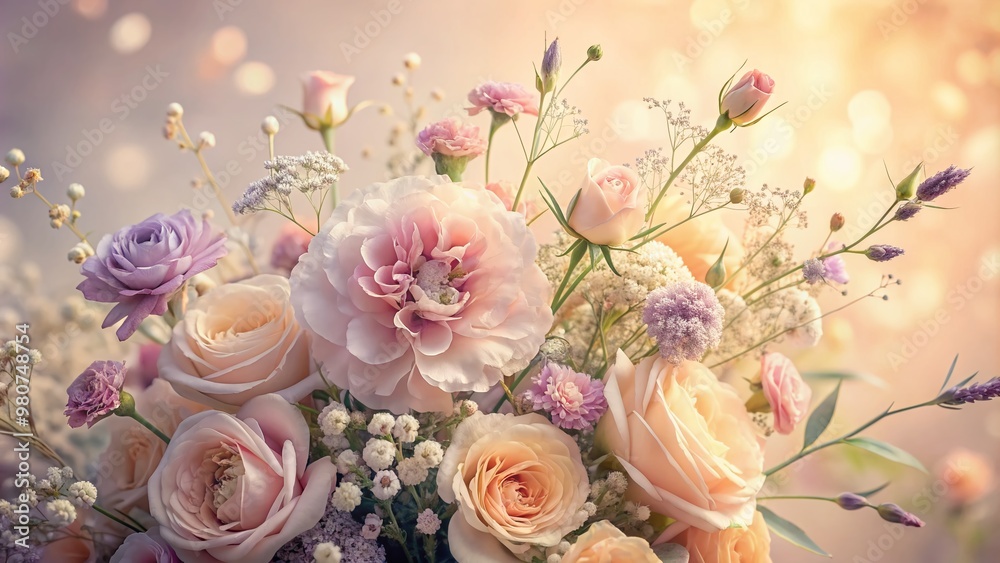 Softly blurred whimsical floral arrangement with delicate pastel hues of peach, lavender, and pale pink roses, carnations, and baby's breath on a gentle cream backdrop.