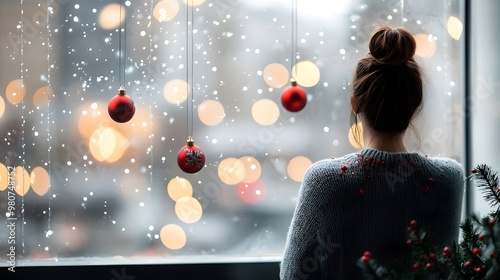 A Cozy Winter Scene: A Young Woman Gazing Through a Snowy Window Adorned with Festive Ornaments. Cozy Christmas New Year Ornament Decoration Concept photo