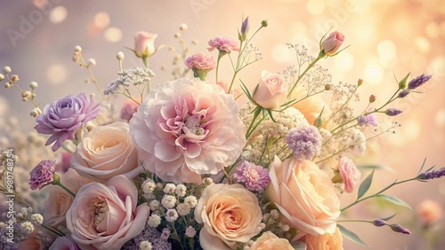 Softly blurred whimsical floral arrangement with delicate pastel hues of peach, lavender, and pale pink roses, carnations, and baby's breath on a gentle cream backdrop.