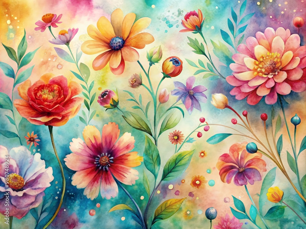 Vibrant watercolor abstract flowers bloom against a soft, dreamy background, featuring eclectic petals and stems in a whimsical floral pattern perfect for wallpaper. Vibrant watercolor abstract flowers bloom against a soft, dreamy background, featuring eclectic petals and stems in a whimsical floral pattern perfect for wallpaper.