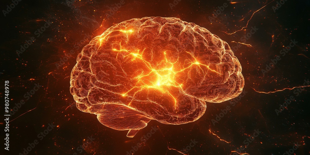 A glowing, fiery brain with sparks and fire. A glowing, fiery brain with sparks and fire.