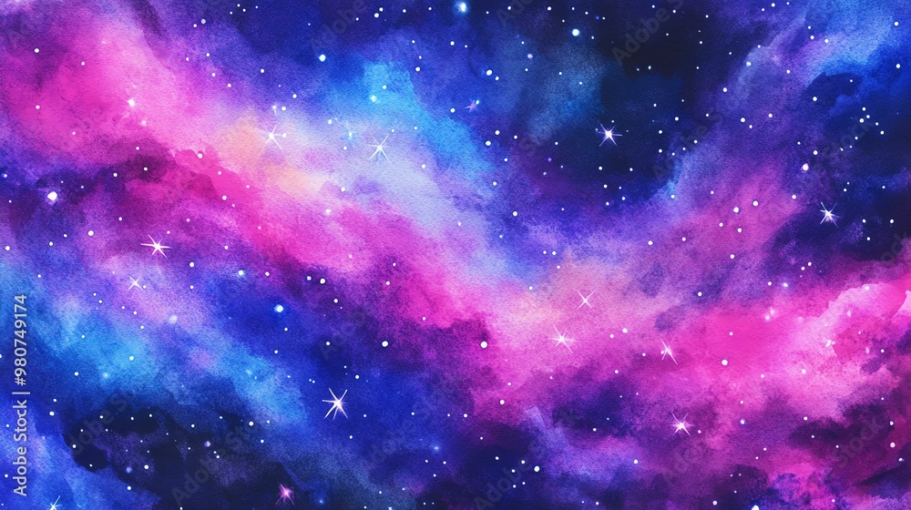 Naklejka premium Vibrant cosmic scene featuring swirling galaxies in stunning shades of pink, blue, and purple. Perfect for space-themed projects.