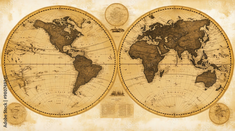 Obraz premium Vintage world map illustration with intricate details, showcasing continents, oceans, and historical cartography.