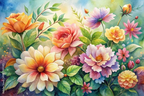 Vibrant watercolor illustration of blooming flowers, delicately arranged to capture the essence of spring and summer, with soft petals and leaves in warm colors.