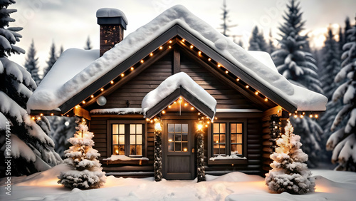 Wallpaper Mural Festive Flat Vector Illustration of Snow-Covered Cabin and Twinkling Lights Frame with Copy Space for Holiday Messages and Product Advertisements Torontodigital.ca