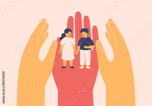 Adults taking care about children. Human hands surrounded boy and girl with love. Healthcare support, insurance, defense kids rights in society. Social protect, upbringing orphans. Vector